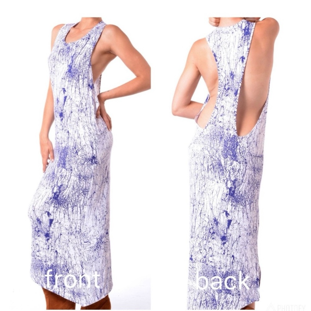 Betro Simone Asymmetrical Open Razor Back Blue & White Crackle Maxi Dress Size M